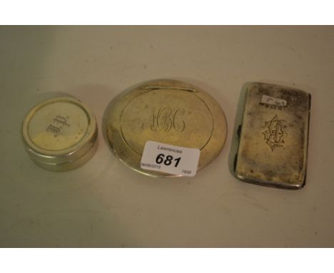 Silver visiting card case, a compact and a circular box