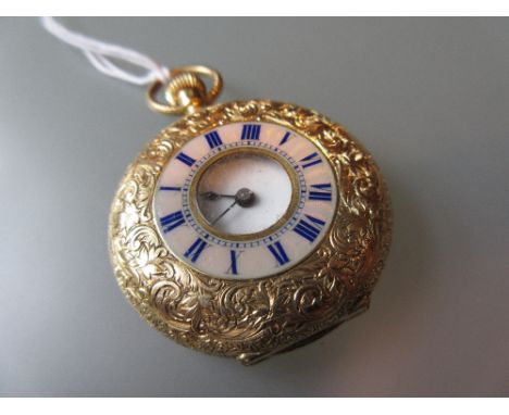 Ladies 18ct yellow gold floral engraved and enamel decorated half hunter fob watch, the white enamel dial having Roman numera