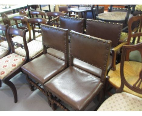 Set of six (four plus two) reproduction oak dining chairs, having simulated leather backs on bobbin turned supports