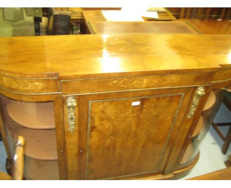 Victorian figured walnut and marquetry inlaid credenza with ormolu mounts, the rectangular centre panel door flanked by bow g