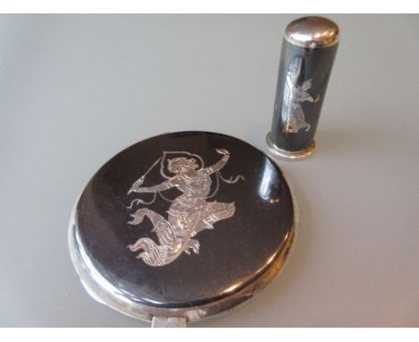 Oriental silver compact with matching lipstick case