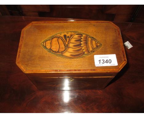 George III octagonal mahogany line and shell inlaid two division tea caddy