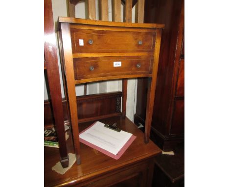 Small 20th Century yew wood inverted bow front two drawer side table on square tapering supports