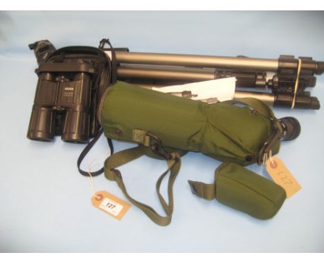 Pair of Zeiss binoculars in case together with a Kowa Prominar spotting scope with tripod