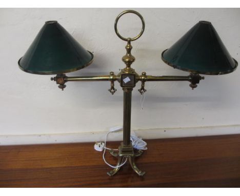 Brass twin arm table lamp base having reeded column on splayed supports with green glass shades, 27ins high x 30ins wide