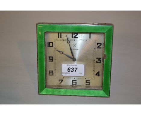 Birmingham silver framed green enamel square form mantel clock (a/f)