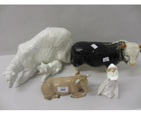 Nao figure of a polar bear with cub together with four other Nao figures of animals, two Royal Doulton figures of girls and a