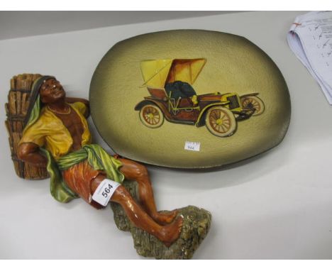 Bossons wall plaque in the form of a figure carrying timber, a Victorian Diamond Jubilee commemorative plate and another pott