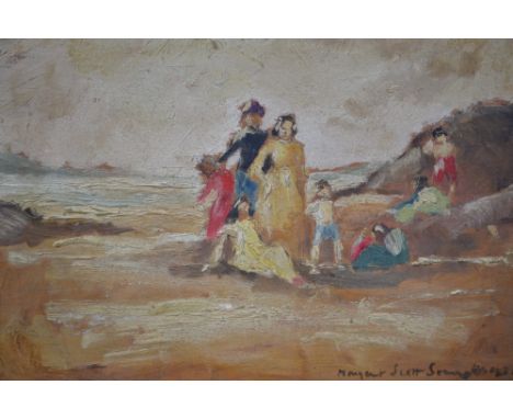 Peggy Somerville (Margaret Scott), oil on wooden panel ' By the Sea ' with figures on a beach, signed and dated 1931, 9.5ins 