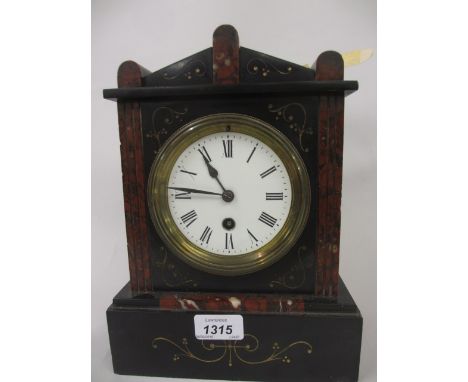 19th Century black slate and rouge marble mantel clock, the enamel dial with Roman numerals and single train movement, togeth