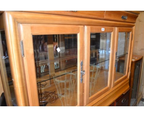 20th Century satinwood crossbanded and line inlaid display cabinet having moulded top with two drawers above two glazed doors