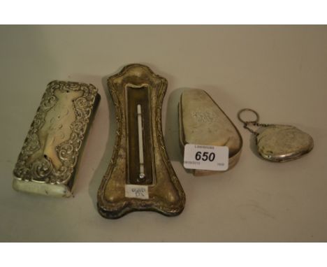 Silver purse, a thermometer and two silver boxes