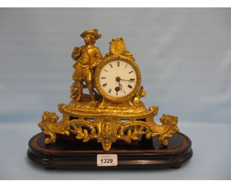 19th Century French gilded spelter figural mounted mantel clock, having circular enamel dial with Roman numerals and single t