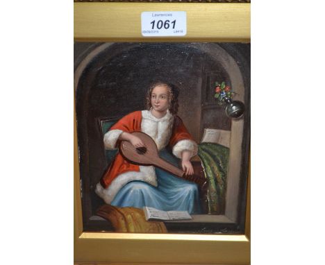 19th Century heavy gilt framed oil, portrait of a young lady playing the lute at a window, indistinctly signed, 7.5ins x 6.5i