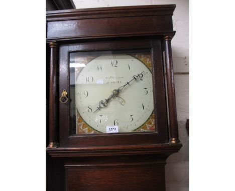 George III oak longcase clock, the square hood above a rectangular panelled door, the painted enamel dial with Roman numerals