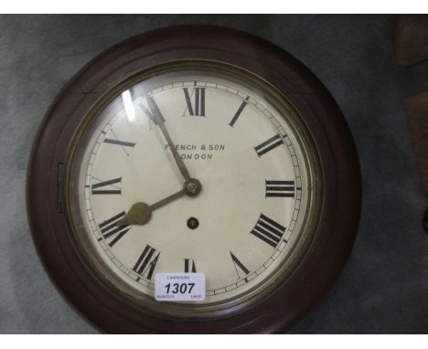 Small circular mahogany wall clock, the painted enamel dial with Roman numerals inscribed French and Son, London, with a sing