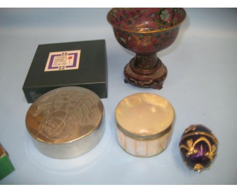 Modern Chinese cloisonne stem cup, a pewter box after MacIntosh, mother of pearl trinket box and an egg shaped trinket box