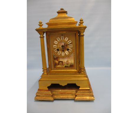 19th Century French ormolu and porcelain mantel clock, the dial with Roman numerals and painted with a coastal scene with sim