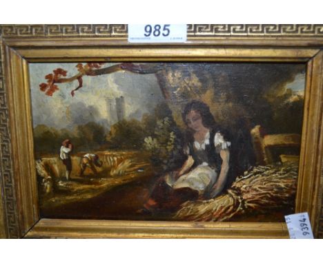Small 19th Century oil on panel, girl resting before a tree and figures harvesting, 4.5ins x 7.5ins, gilt framed