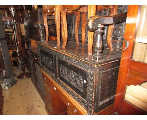 Victorian carved dark oak hall bench with three panel back above hinged box seat