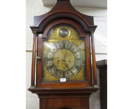 19th Century mahogany longcase clock having arched hood with brass dial and silvered chapter ring with Roman numerals, date a