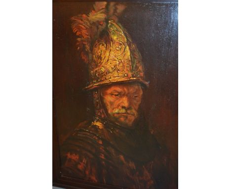 Stanley Godden, 20th Century acrylic on board, man in a golden helmet after Rembrandt, signed, 23.5ins x 17.5ins, framed