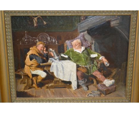 Oil on panel, possibly on print base, medieval interior with gentleman drinking at a table