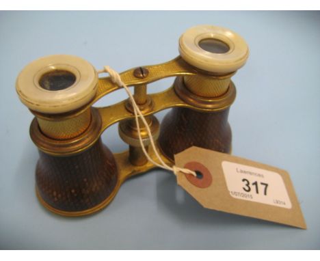 Pair of 19th Century French gilt brass mother of pearl and leather covered opera glasses