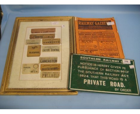 Southern Railway Company enamel sign for Private Road, Railway Gazette magazine, framed set of Railway Parcel labels and a re