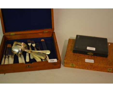 Set of six Victorian plated and mother of pearl handled dessert knives and forks together with a small quantity of other plat