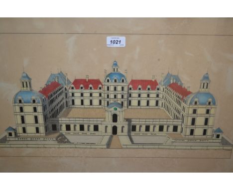 E. Dubois, signed ink and watercolour, architectural study, 15.5ins x 25ins