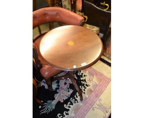 19th Century mahogany circular pedestal table with shell inlaid top, turned column support and tripod