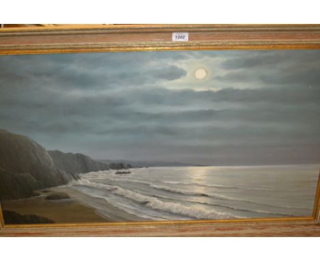 H. Braunston, oil on canvas, moonlit coastal scene together with an early 20th Century mixed media oil on board, sailing boat