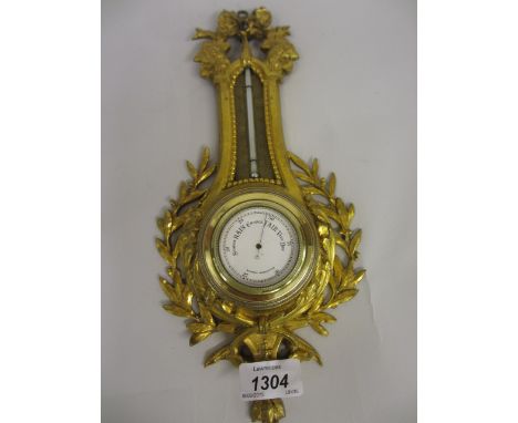 Small 19th Century French ormolu cartel type aneroid barometer / thermometer