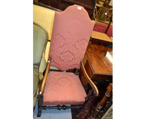 Early 20th Century stained beechwood open armchair in Carolean style with pink damask upholstered back and seat