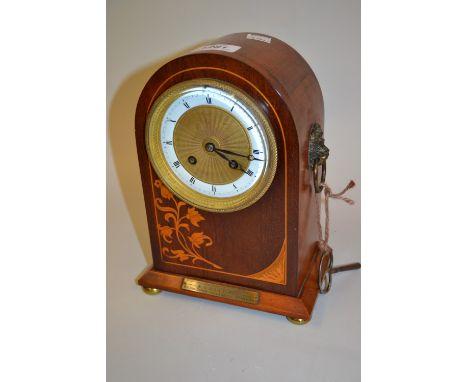 Edwardian mahogany and floral marquetry inlaid mantel clock with enamel dial and two train movement