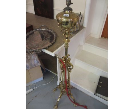 Edwardian gilt brass oil lamp standard of scroll work design with paw feet (adapted for use with electricity)