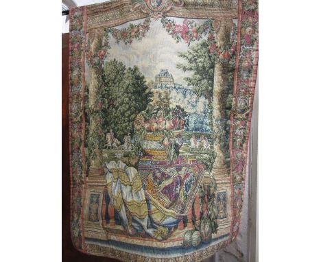 Machine woven tapestry decorated with figures and an Indian needlework wall hanging