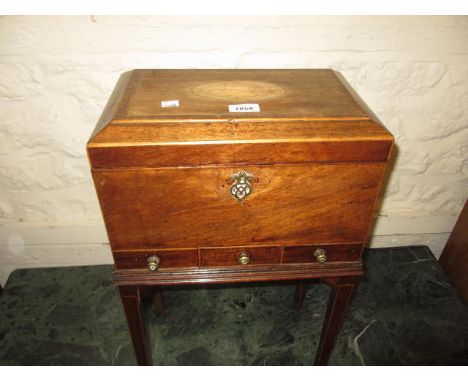 George III mahogany shell inlaid and crossbanded rectangular tea caddy on stand, the hinged lid enclosing a void interior abo