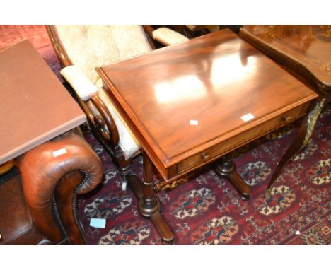 19th Century mahogany rectangular single drawer side table on turned end supports united by a turned stretcher on low bun fee