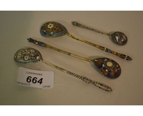 Group of four various Russian silver and enamel decorated spoons, three with ovoid bowls, one with a circular bowl, all with 