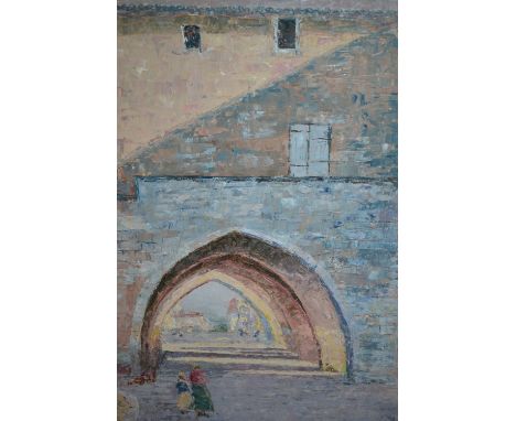 Morgan-Jones, oil on card, figures before a building with archway, together with two oils on board, portrait and nude study