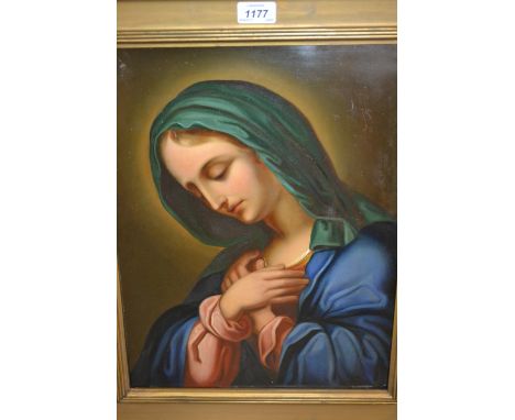 Gilt framed oil on metal panel, head and shoulder portrait of the Madonna, 17ins x 13ins
