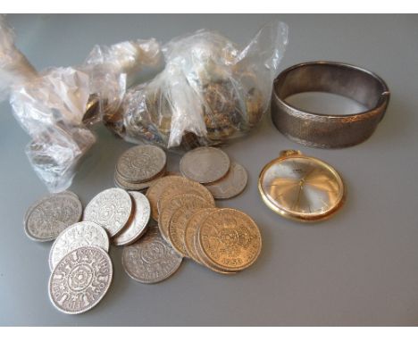Oris gold plated pocket watch, a silver bangle and a small quantity of coinage