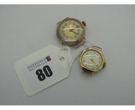 A Vintage 9ct Gold Cased Ladies Wristwatch Head, (no strap); together with a Lanco 9ct gold cased ladies wristwatch head (no 