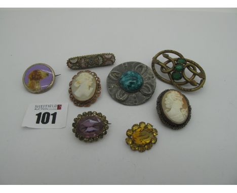 Vintage Brooches, including micromosaic (lacking pin), dog, cameo etc (damages). 