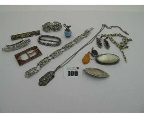 Art Deco Style Marcasite and Enamel Pendant, panel bracelet (damages), buckle, etc. 