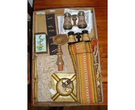 Miscellanous items including opera glasses, beadwork evening purse, Indian rings and a woven fibre adornment for an elephant,