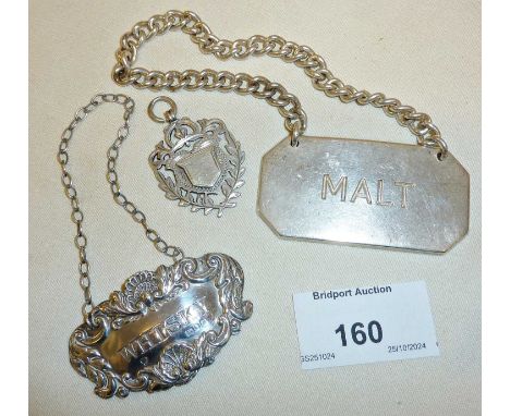 Heavy silver decanter label -MALT (approx 61g) fully hallmarked for London, maker KS, another bottle tag and a fob medal, all