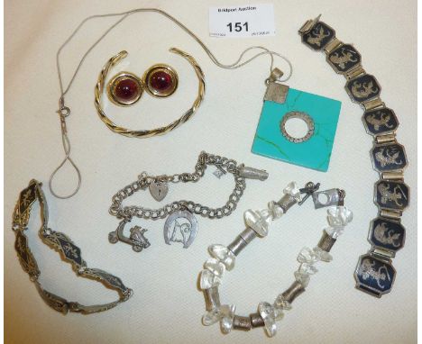 Vintage silver jewellery inc. a turquoise necklace, charm bracelet, Siamese niello sterling bracelets, a Lancome of Paris sil